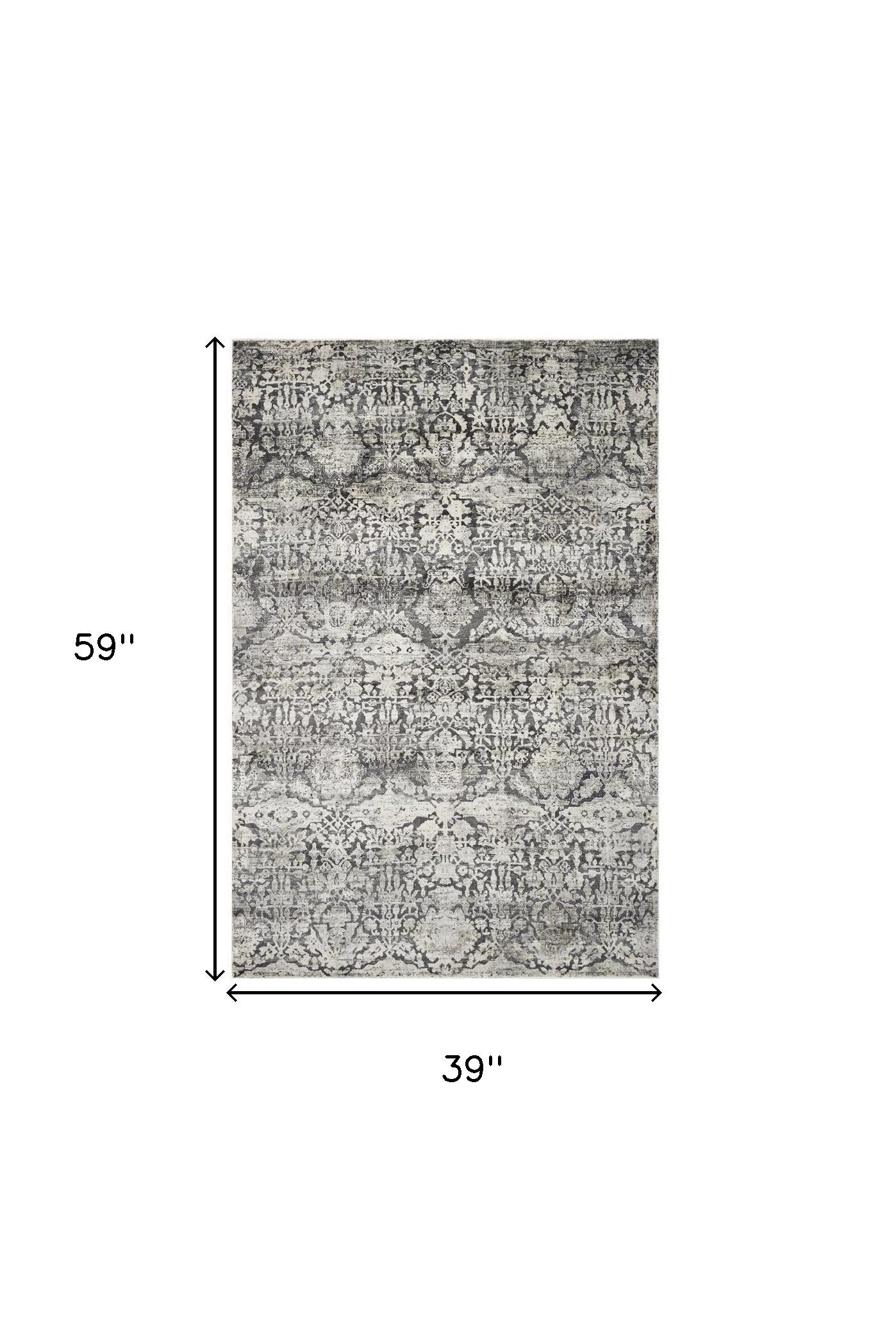 3' X 5' Gray And Ivory Floral Medallion Area Rug