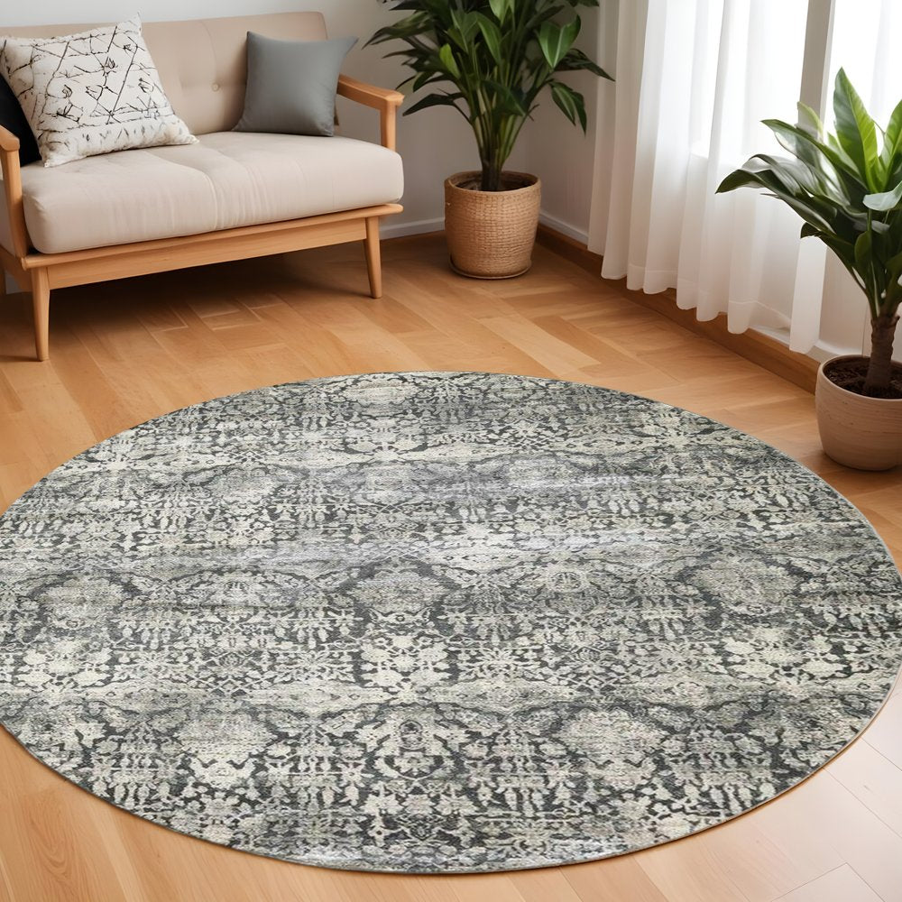 3' X 5' Gray And Ivory Floral Medallion Area Rug