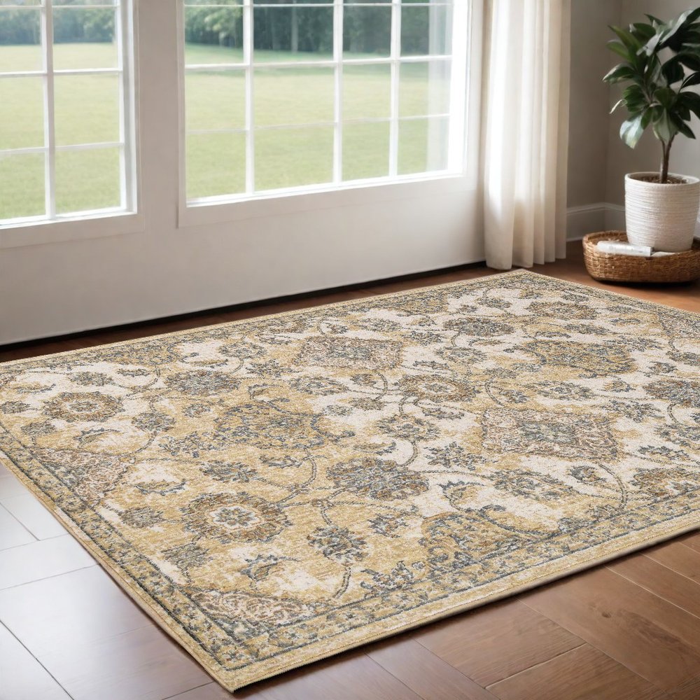 7' Ivory Beige And Gray Wool Floral Medallion Runner Rug