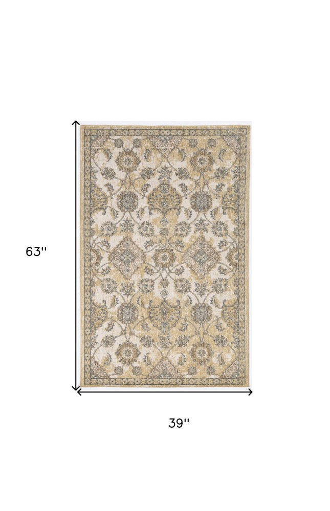 7' Ivory Beige And Gray Wool Floral Medallion Runner Rug