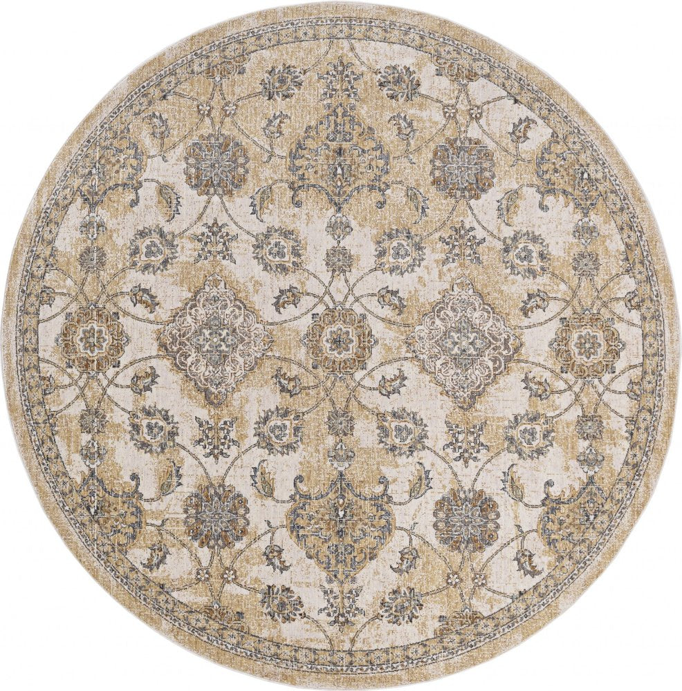 7' Ivory Beige And Gray Wool Floral Medallion Runner Rug