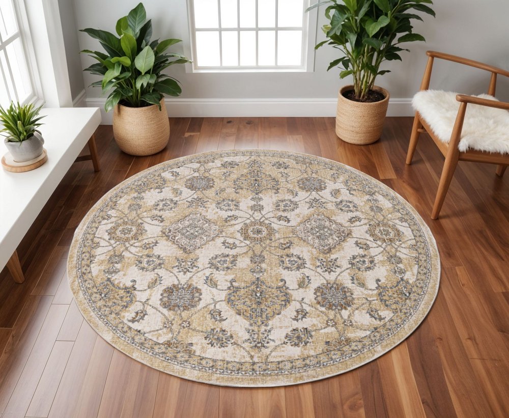 7' Ivory Beige And Gray Wool Floral Medallion Runner Rug