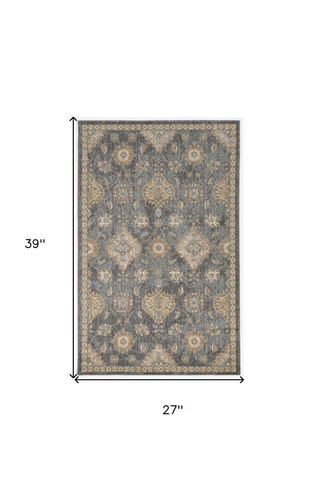 7' Sage And Slate Gray Wool Floral Medallion Runner Rug