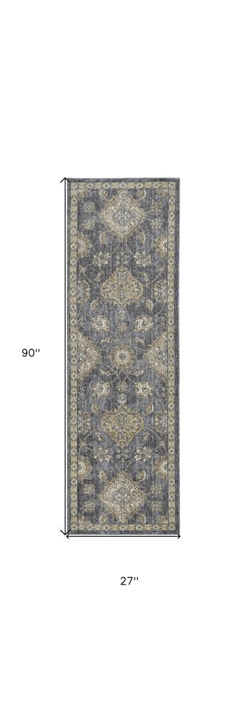 7' Sage And Slate Gray Wool Floral Medallion Runner Rug
