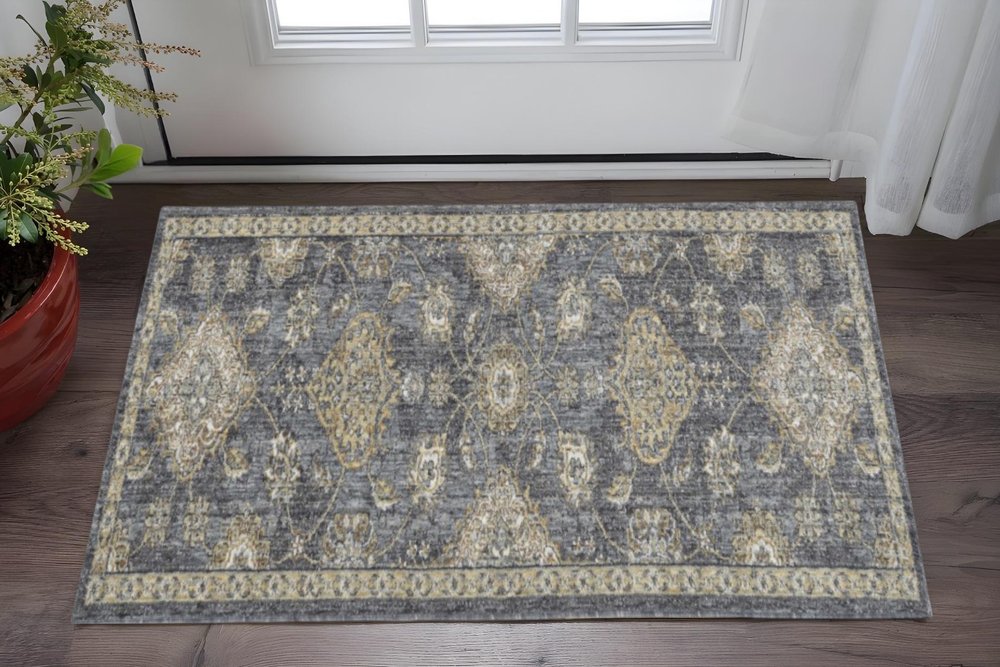 7' Sage And Slate Gray Wool Floral Medallion Runner Rug