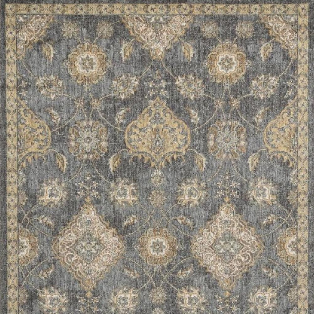 7' Sage And Slate Gray Wool Floral Medallion Runner Rug