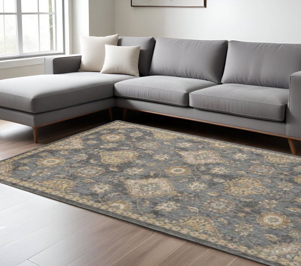 7' Sage And Slate Gray Wool Floral Medallion Runner Rug