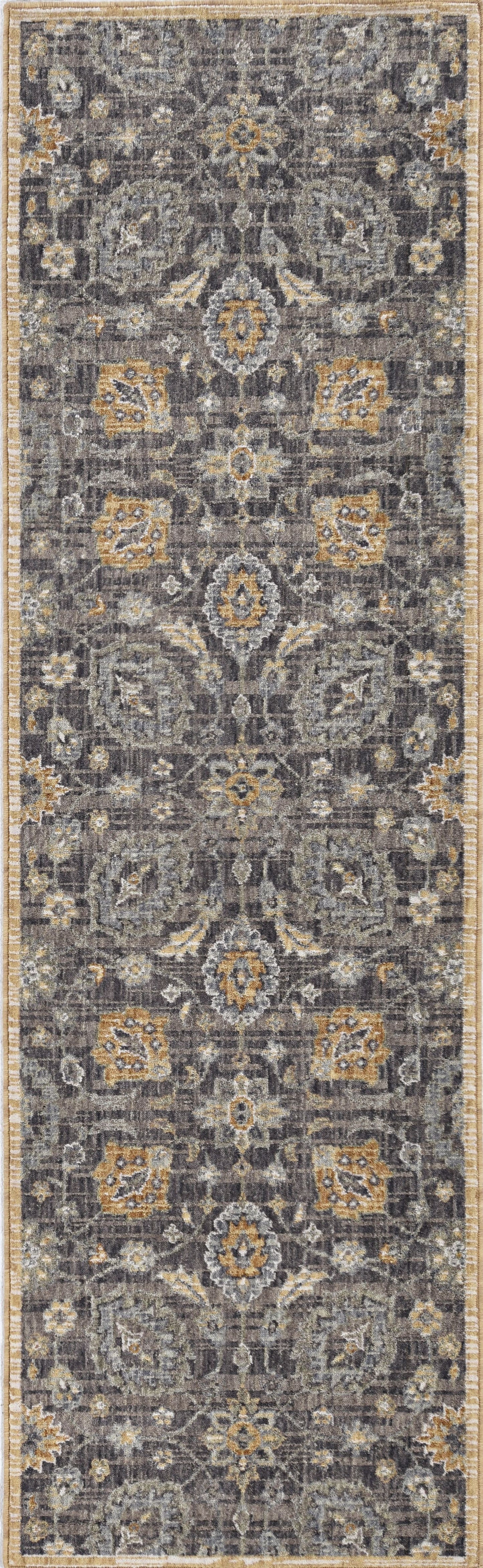 8' Taupe Orange And Gray Wool Floral Distressed Runner Rug
