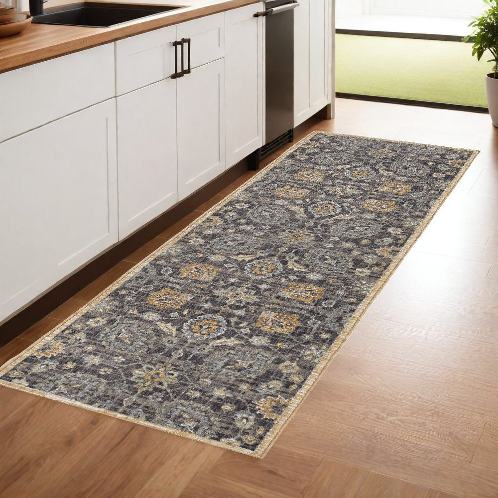 8' Taupe Orange And Gray Wool Floral Distressed Runner Rug