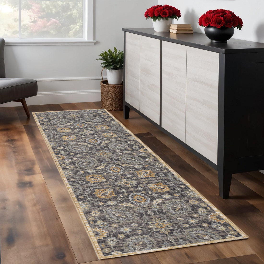 8' Taupe Orange And Gray Wool Floral Distressed Runner Rug