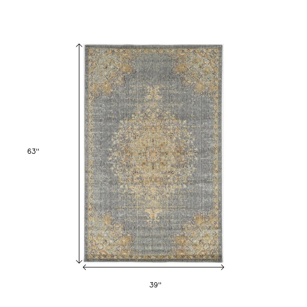 5' X 8' Slate Gray And Orange Wool Medallion Distressed Area Rug