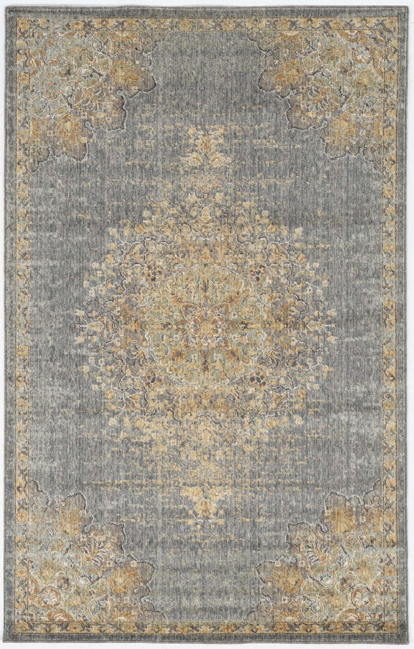 5' X 8' Slate Gray And Orange Wool Medallion Distressed Area Rug
