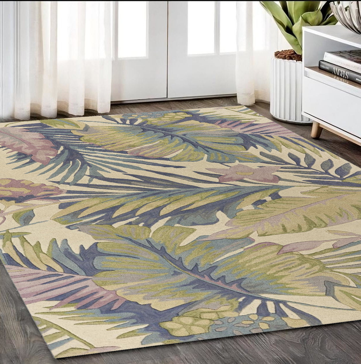 5' X 8' Green Pink And Purple Wool Tropical Botanical Hand Tufted Area Rug