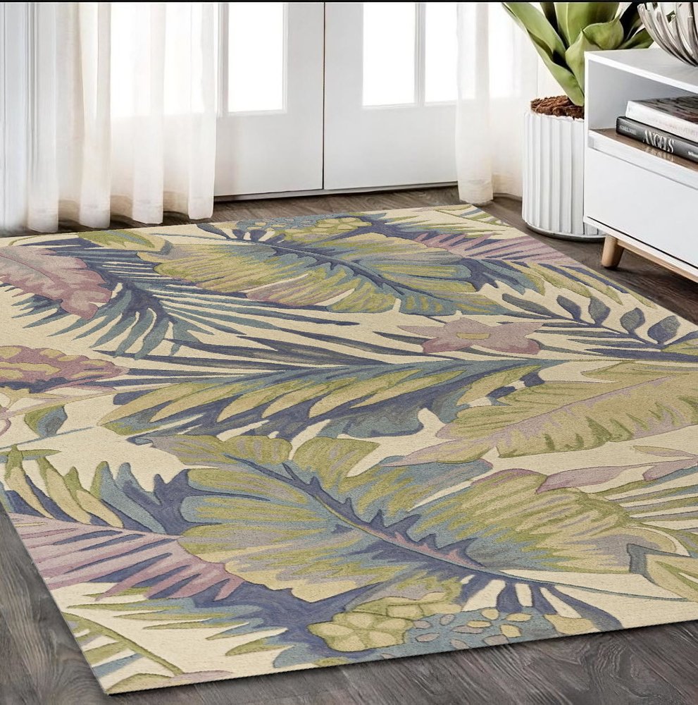5' X 8' Green Pink And Purple Wool Tropical Botanical Hand Tufted Area Rug