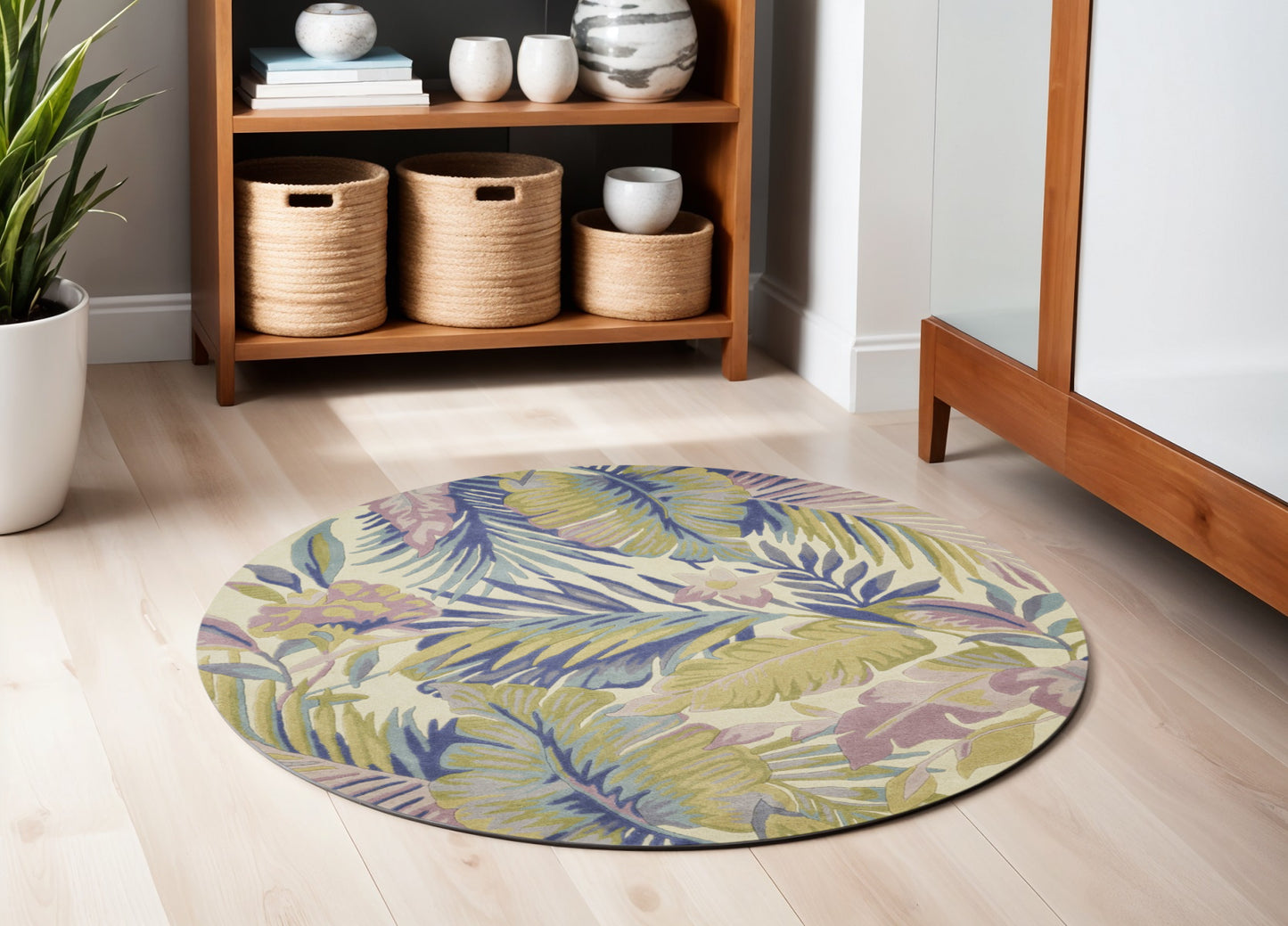 5' X 8' Green Pink And Purple Wool Tropical Botanical Hand Tufted Area Rug