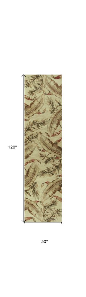 10' Brown Green And Red Wool Tropical Botanical Hand Tufted Runner Rug