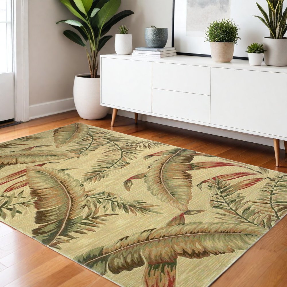 10' Brown Green And Red Wool Tropical Botanical Hand Tufted Runner Rug
