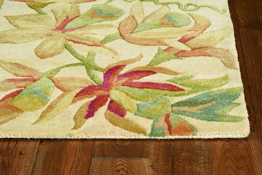 8' X 10' Ivory Green And Red Wool Tropical Botanical Hand Tufted Area Rug
