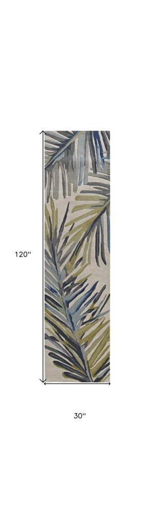 10' Ivory Blue And Green Wool Tropical Botanical Hand Tufted Runner Rug