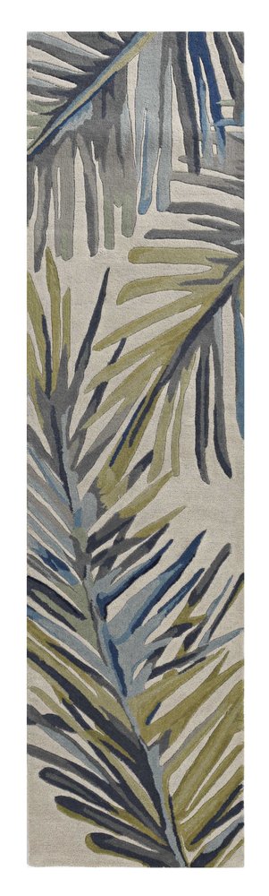 10' Ivory Blue And Green Wool Tropical Botanical Hand Tufted Runner Rug