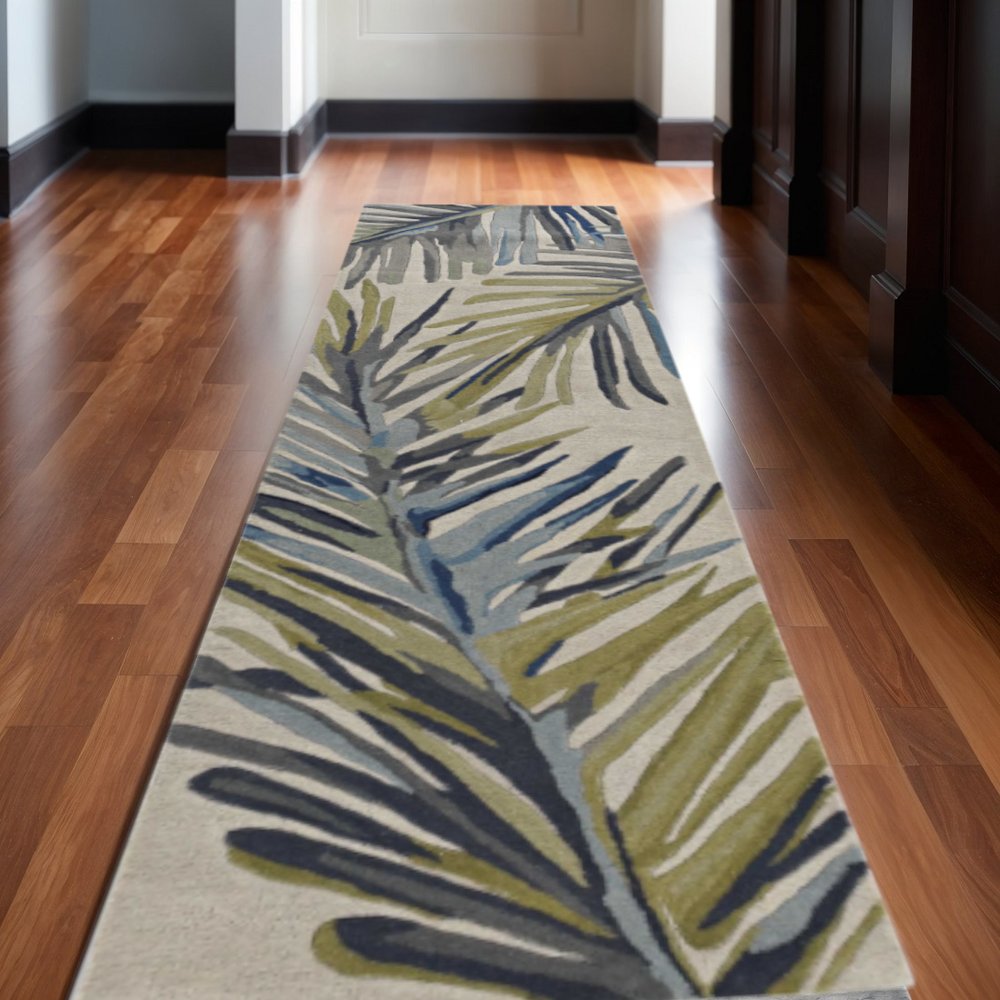 10' Ivory Blue And Green Wool Tropical Botanical Hand Tufted Runner Rug