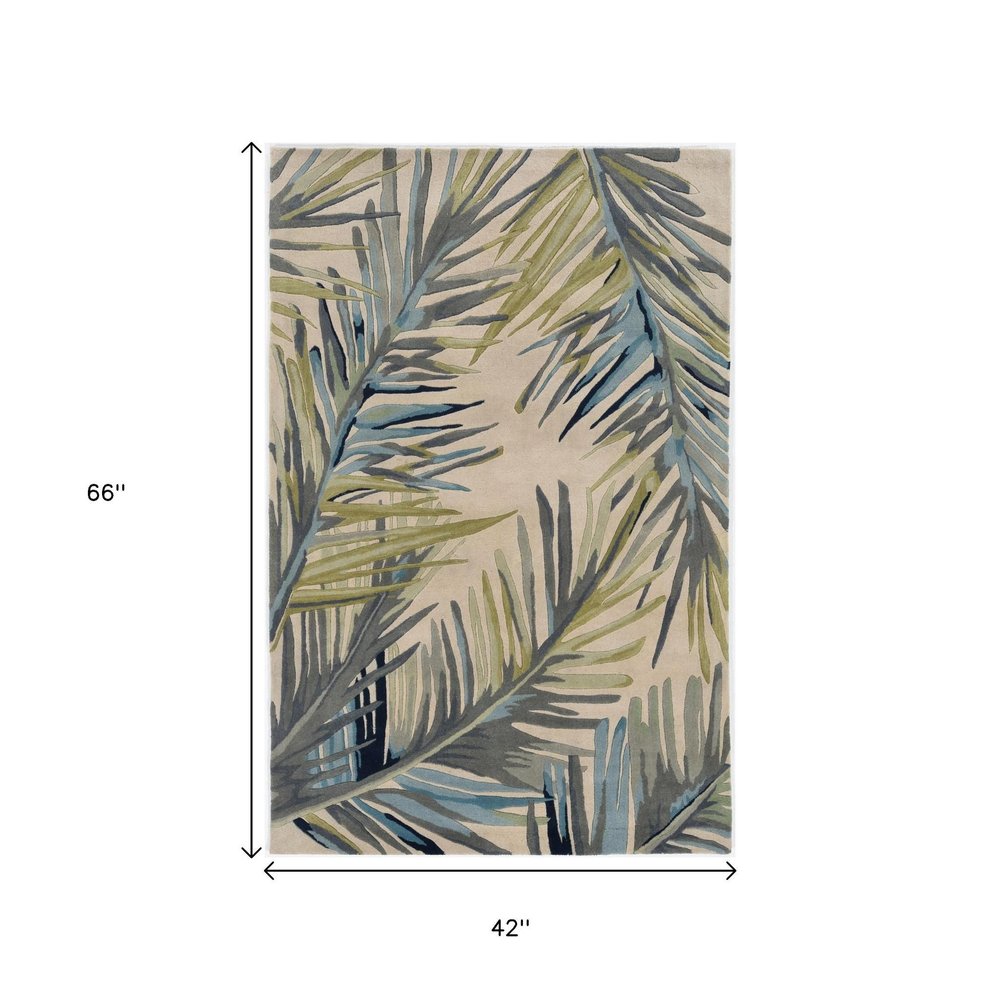 10' Ivory Blue And Green Wool Tropical Botanical Hand Tufted Runner Rug