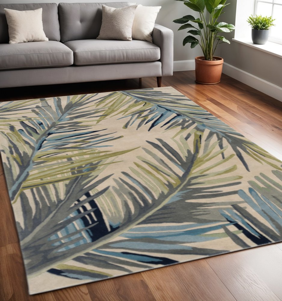 10' Ivory Blue And Green Wool Tropical Botanical Hand Tufted Runner Rug
