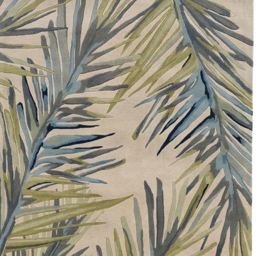 10' Ivory Blue And Green Wool Tropical Botanical Hand Tufted Runner Rug