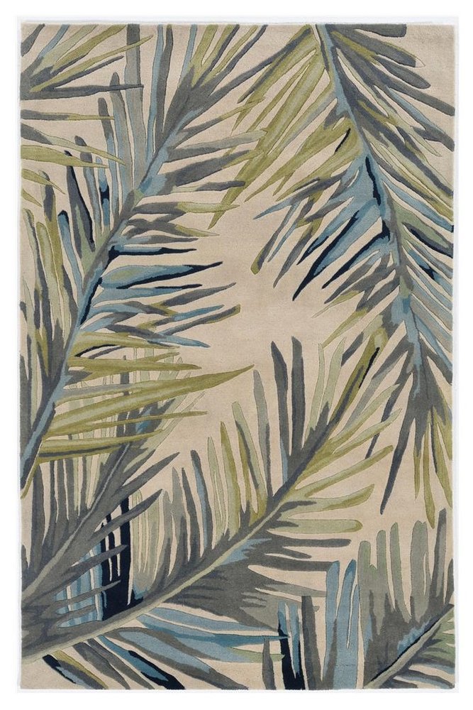 10' Ivory Blue And Green Wool Tropical Botanical Hand Tufted Runner Rug