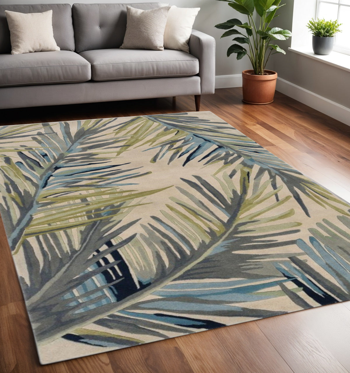 10' Ivory Blue And Green Wool Tropical Botanical Hand Tufted Runner Rug