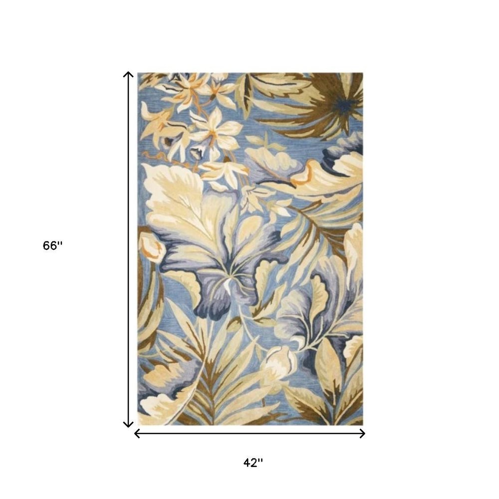 6' Blue Beige And Green Wool Tropical Botanical Hand Tufted Round Rug