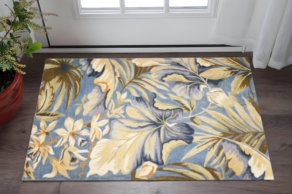 6' Blue Beige And Green Wool Tropical Botanical Hand Tufted Round Rug