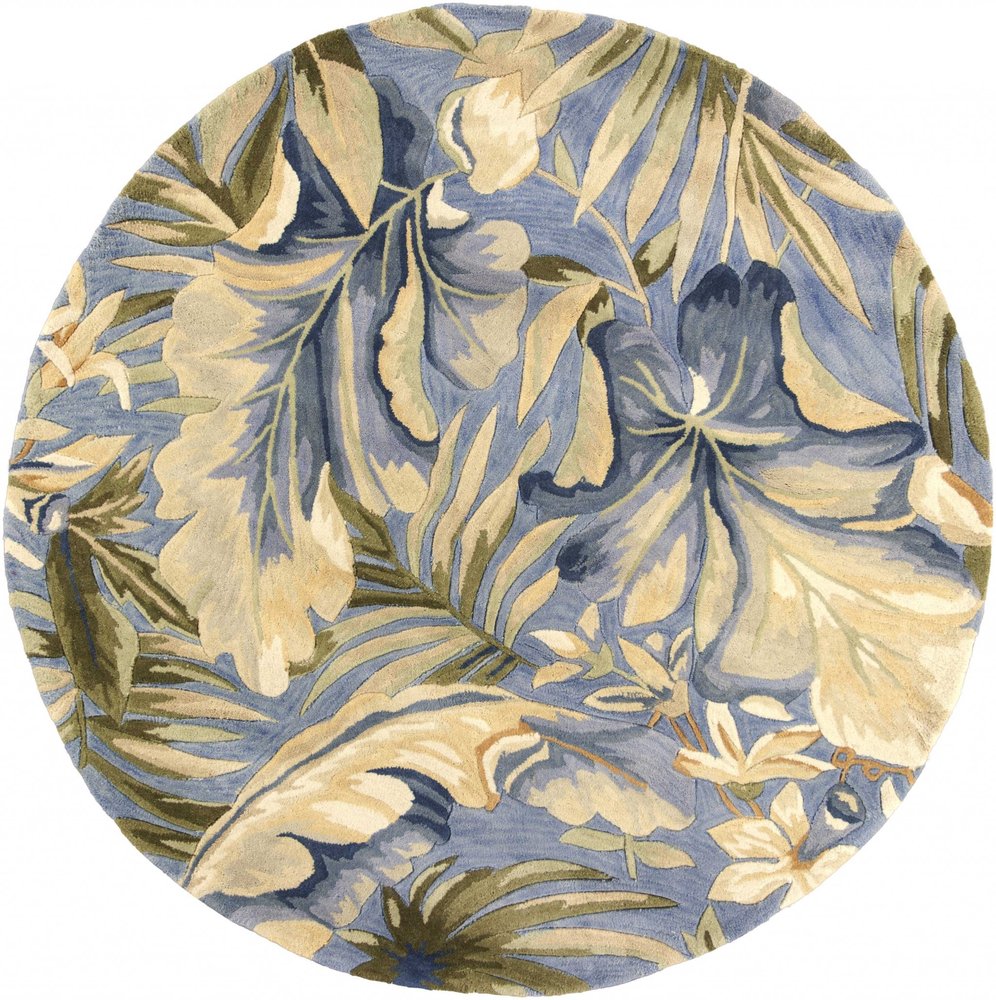 6' Blue Beige And Green Wool Tropical Botanical Hand Tufted Round Rug