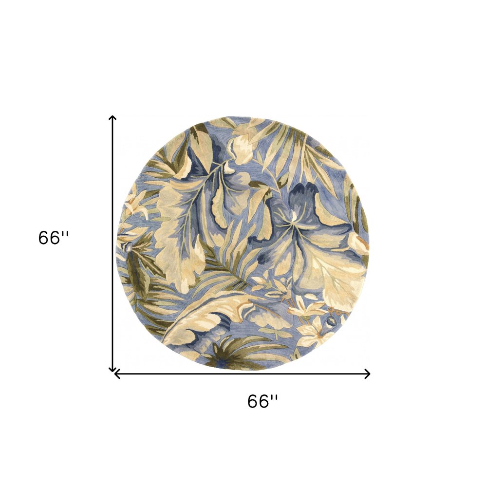 6' Blue Beige And Green Wool Tropical Botanical Hand Tufted Round Rug