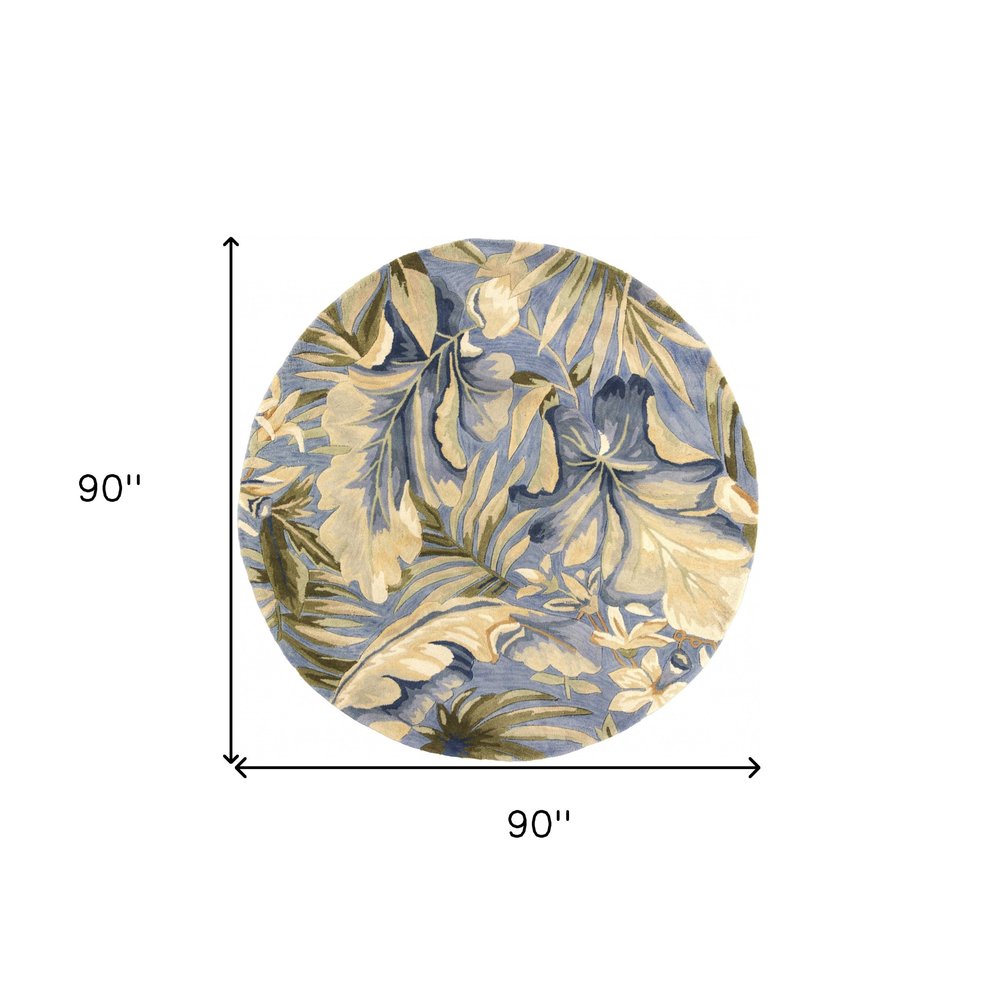 6' Blue Beige And Green Wool Tropical Botanical Hand Tufted Round Rug