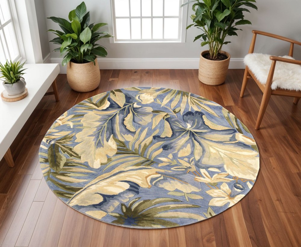 6' Blue Beige And Green Wool Tropical Botanical Hand Tufted Round Rug