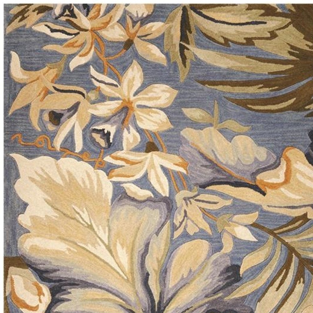 6' Blue Beige And Green Wool Tropical Botanical Hand Tufted Round Rug