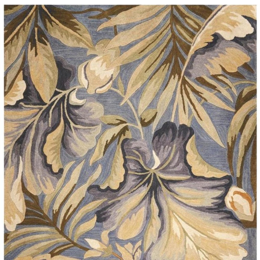 6' Blue Beige And Green Wool Tropical Botanical Hand Tufted Round Rug