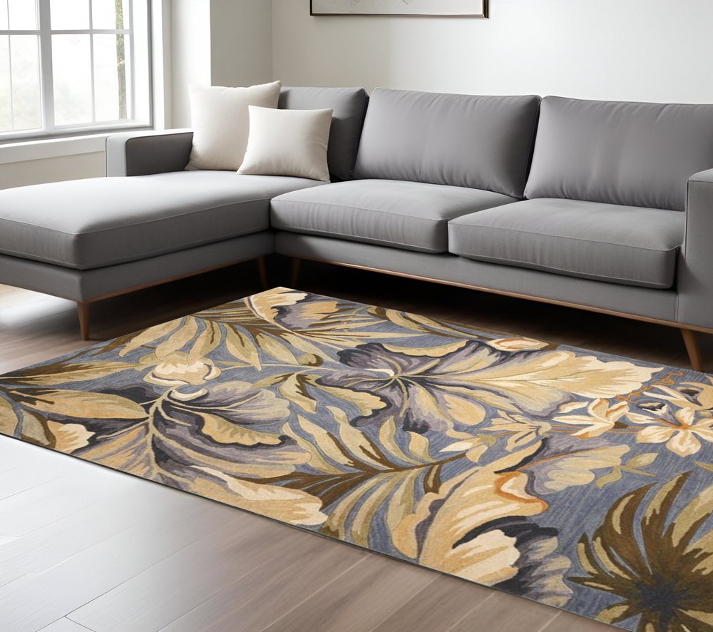 6' Blue Beige And Green Wool Tropical Botanical Hand Tufted Round Rug