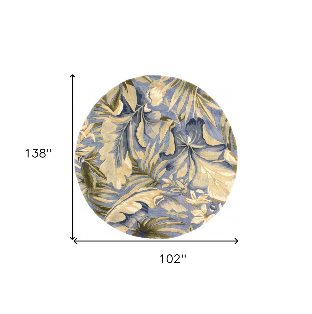 6' Blue Beige And Green Wool Tropical Botanical Hand Tufted Round Rug