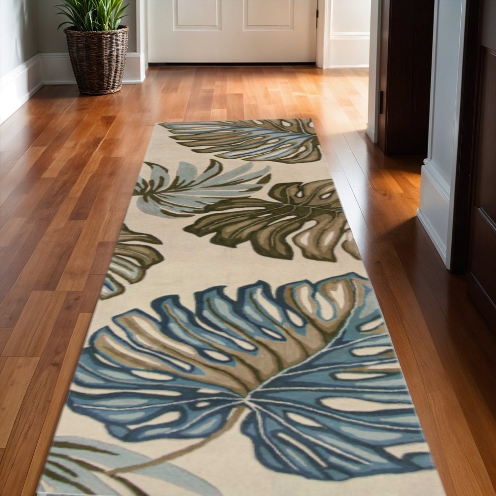 4' X 6' Brown Blue And Green Wool Tropical Botanical Hand Tufted Area Rug