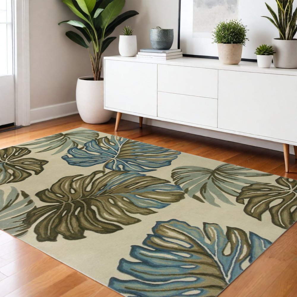 4' X 6' Brown Blue And Green Wool Tropical Botanical Hand Tufted Area Rug
