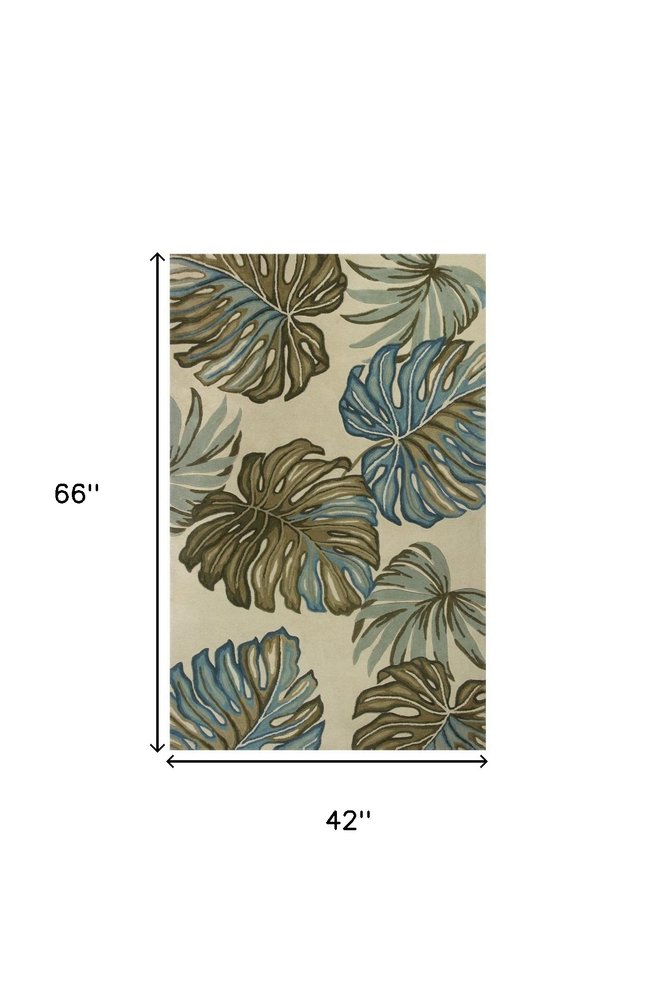 4' X 6' Brown Blue And Green Wool Tropical Botanical Hand Tufted Area Rug
