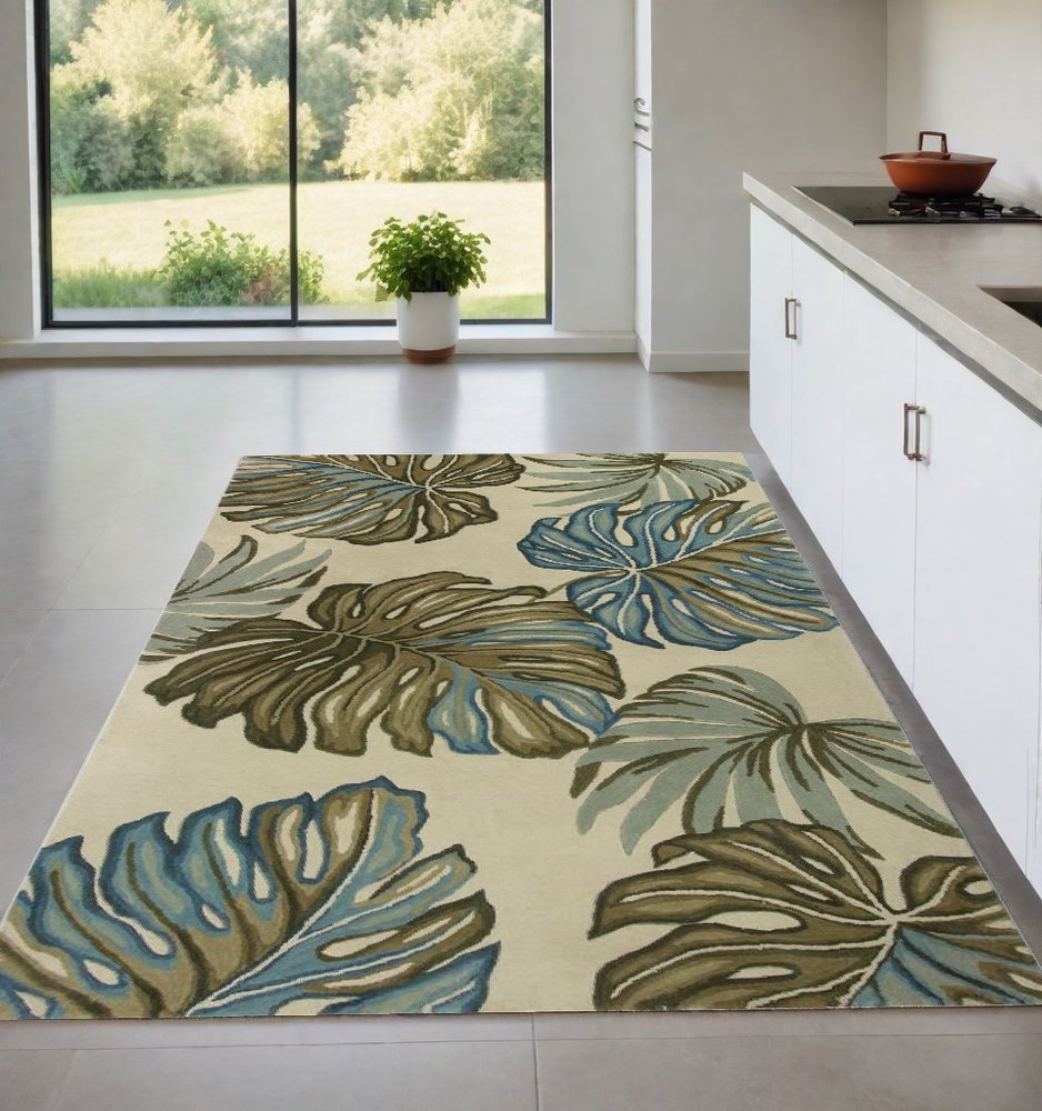 4' X 6' Brown Blue And Green Wool Tropical Botanical Hand Tufted Area Rug