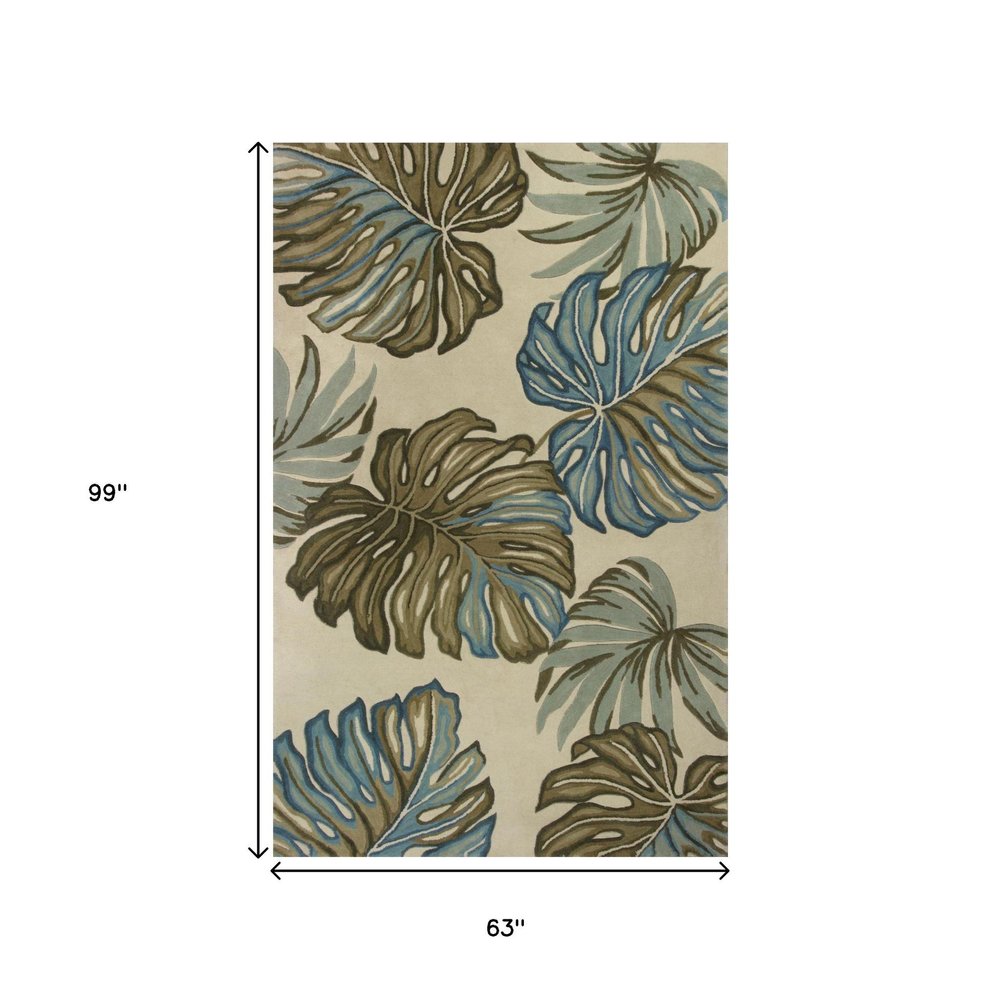 4' X 6' Brown Blue And Green Wool Tropical Botanical Hand Tufted Area Rug