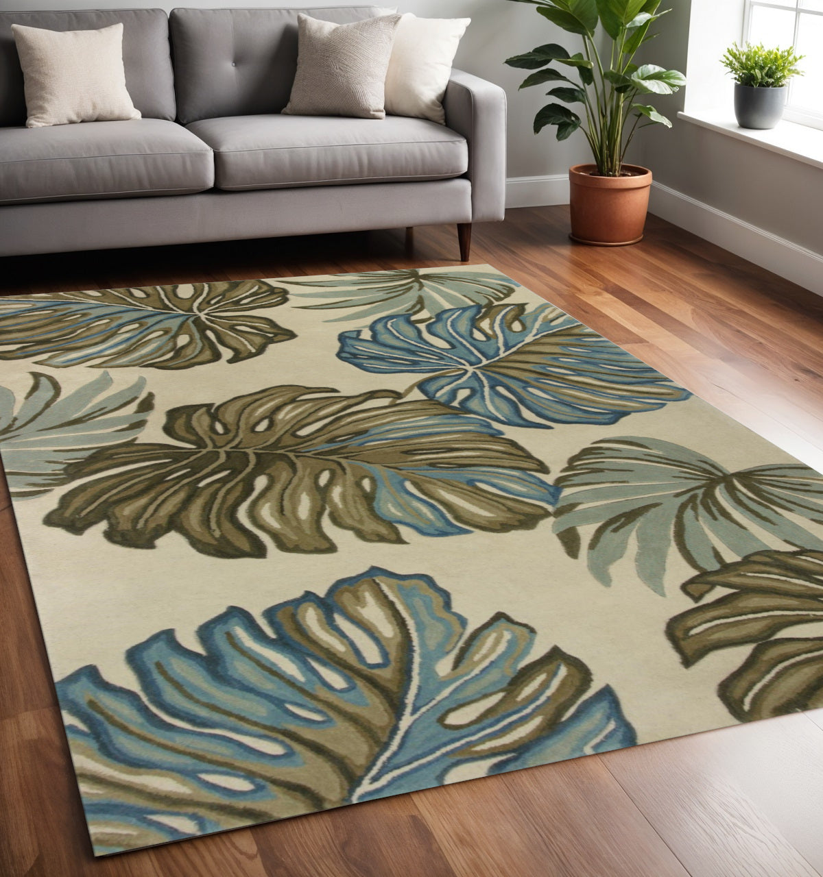 4' X 6' Brown Blue And Green Wool Tropical Botanical Hand Tufted Area Rug