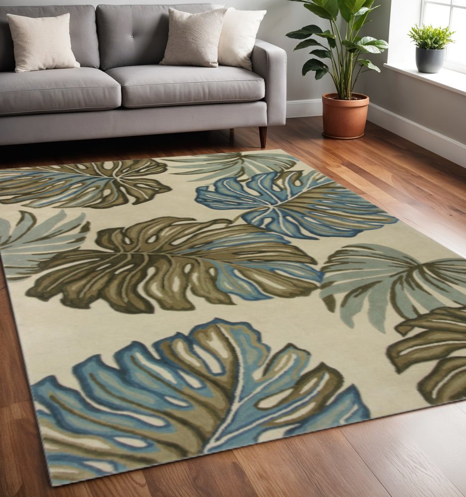 4' X 6' Brown Blue And Green Wool Tropical Botanical Hand Tufted Area Rug