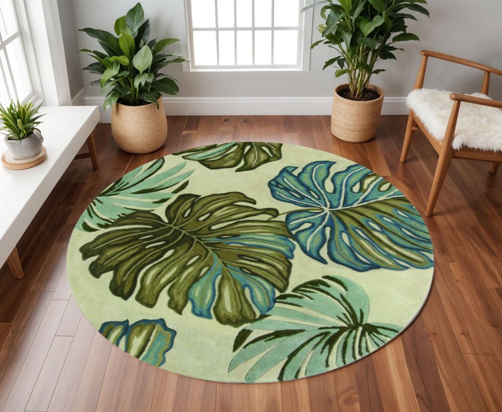 4' X 6' Brown Blue And Green Wool Tropical Botanical Hand Tufted Area Rug