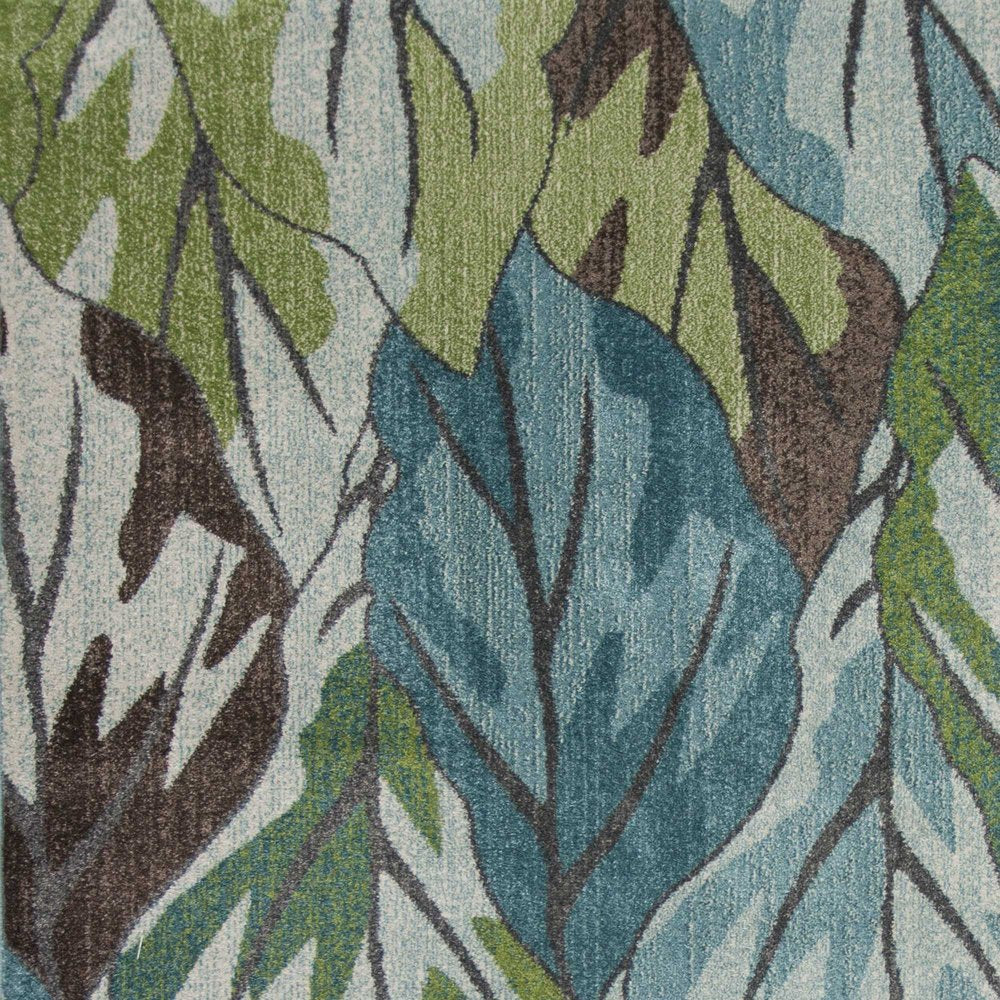 5' X 8' Ivory Blue And Green Botanical Leaves Area Rug