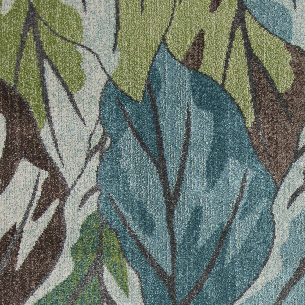 5' X 8' Ivory Blue And Green Botanical Leaves Area Rug